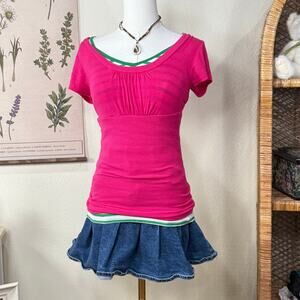 Y2k Pink Short Sleeve Ribbed Stretch Babydoll Layering Top Preppy M